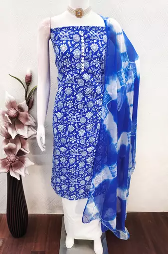 women's blue unstitched cotton dress material with saboori printed dupatta