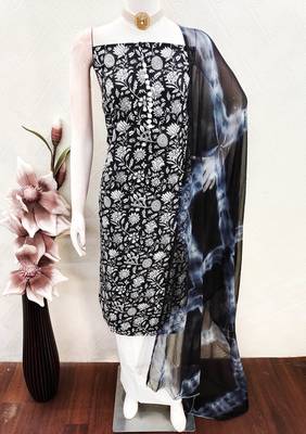 women's black unstitched cotton dress material with saboori printed dupatta 4