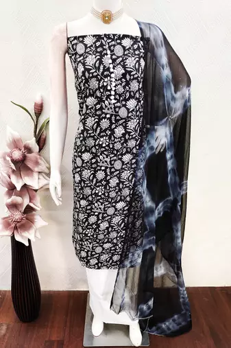 women's black unstitched cotton dress material with saboori printed dupatta