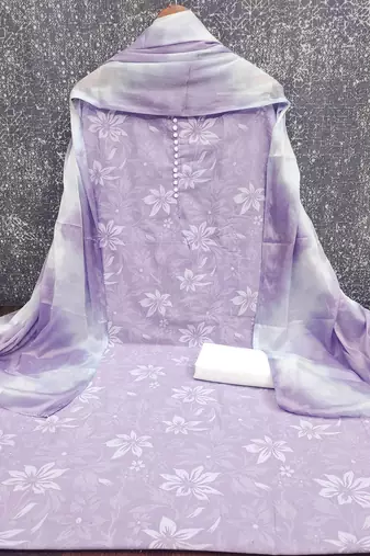 women's lavender unstitched cotton dress material with saboori printed dupatta