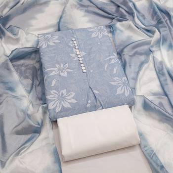 women's light blue unstitched cotton dress material with saboori printed dupatta 3