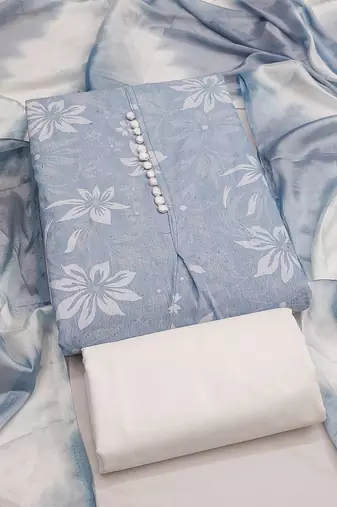 women's light blue unstitched cotton dress material with saboori printed dupatta