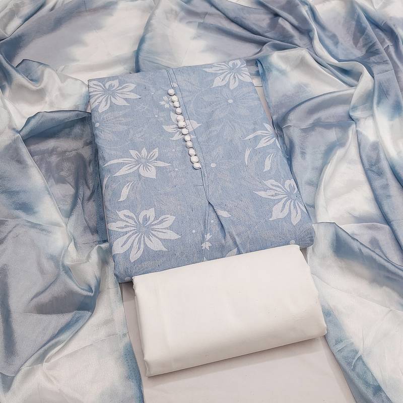 women's light blue unstitched cotton dress material with saboori printed dupatta