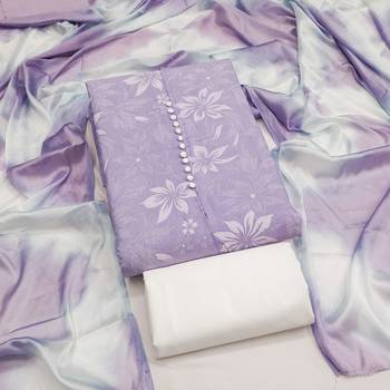 women's lavender unstitched cotton dress material with saboori printed dupatta 3