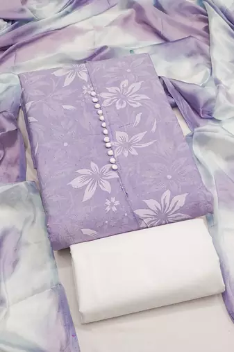 women's lavender unstitched cotton dress material with saboori printed dupatta