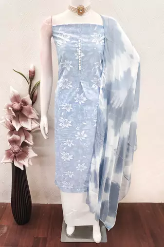 women's light blue unstitched cotton dress material with saboori printed dupatta