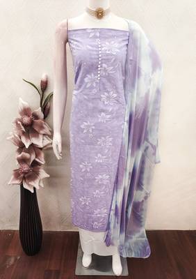 women's lavender unstitched cotton dress material with saboori printed dupatta 4