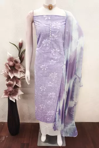 women's lavender unstitched cotton dress material with saboori printed dupatta