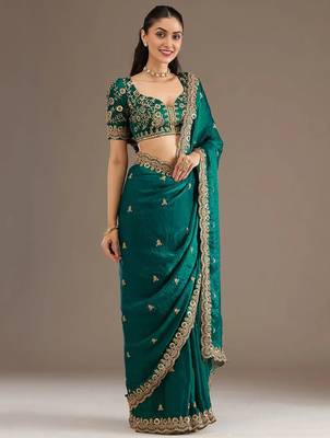Fetching rama green tissue silk zari and sequins embroidered indian latest design ethnic saree 3