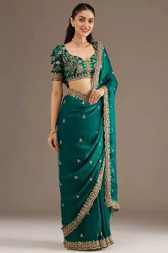 Fetching rama green tissue silk zari and sequins embroidered indian latest design ethnic saree