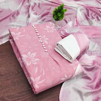 women's baby pink unstitched cotton dress material with saboori printed dupatta 1