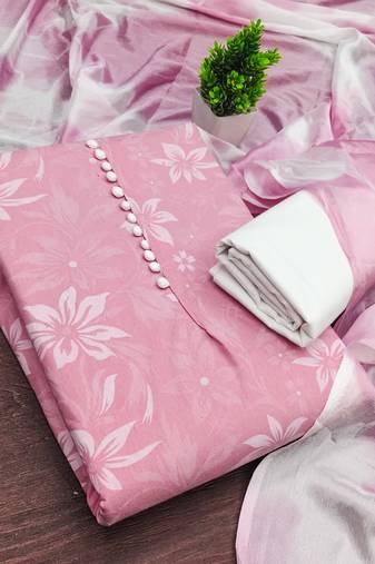 women's baby pink unstitched cotton dress material with saboori printed dupatta