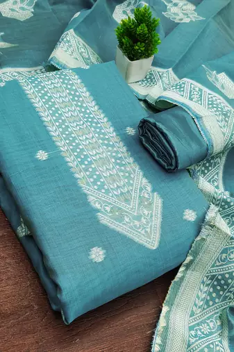 women's sea green unstitched jacquard dress material with stylish woven dupatta 