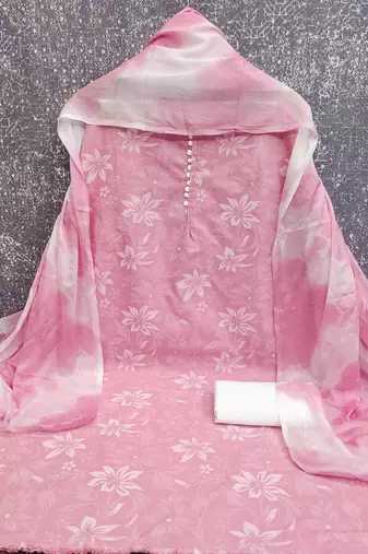 women's baby pink unstitched cotton dress material with saboori printed dupatta
