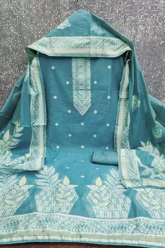 women's sea green unstitched jacquard dress material with stylish woven dupatta 