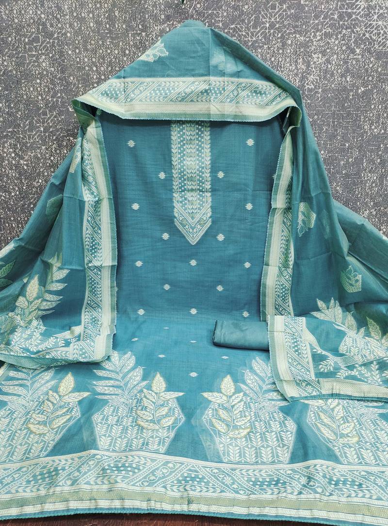 women's sea green unstitched jacquard dress material with stylish woven dupatta 