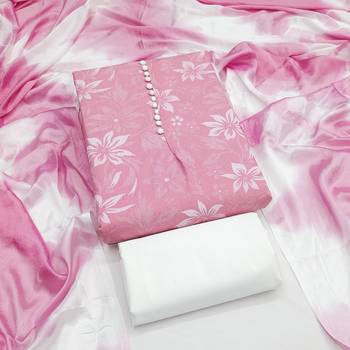 women's baby pink unstitched cotton dress material with saboori printed dupatta 3