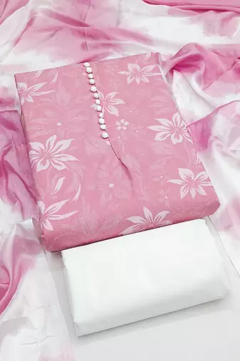 women's baby pink unstitched cotton dress material with saboori printed dupatta