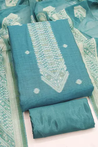women's sea green unstitched jacquard dress material with stylish woven dupatta 