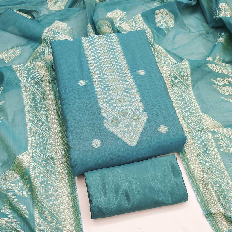 women's sea green unstitched jacquard dress material with stylish woven dupatta 