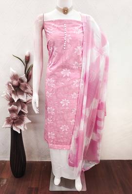 women's baby pink unstitched cotton dress material with saboori printed dupatta 4