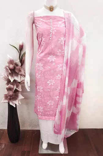 women's baby pink unstitched cotton dress material with saboori printed dupatta