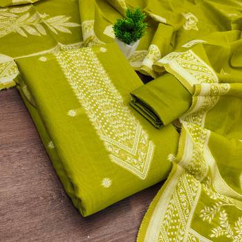 women's green unstitched jacquard dress material with stylish woven dupatta  1