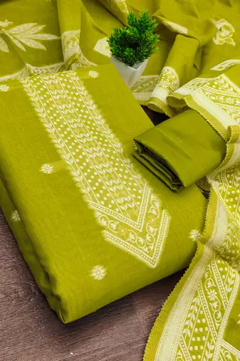 women's green unstitched jacquard dress material with stylish woven dupatta 