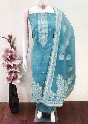 women's sea green unstitched jacquard dress material with stylish woven dupatta  4