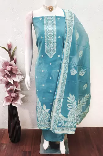 women's sea green unstitched jacquard dress material with stylish woven dupatta 