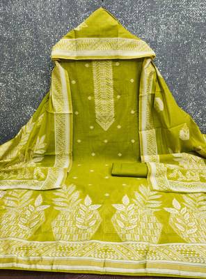 women's green unstitched jacquard dress material with stylish woven dupatta  2