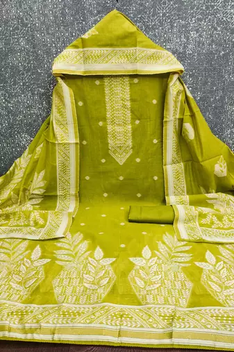 women's green unstitched jacquard dress material with stylish woven dupatta 