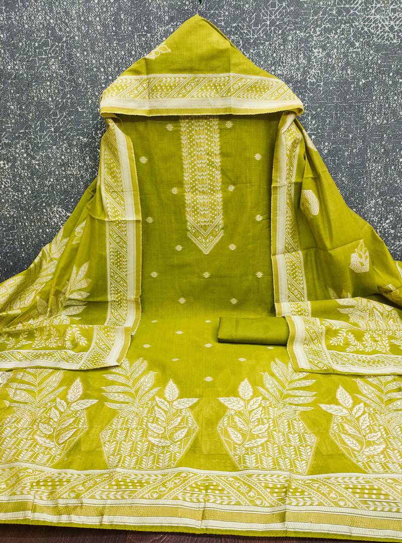 women's green unstitched jacquard dress material with stylish woven dupatta 