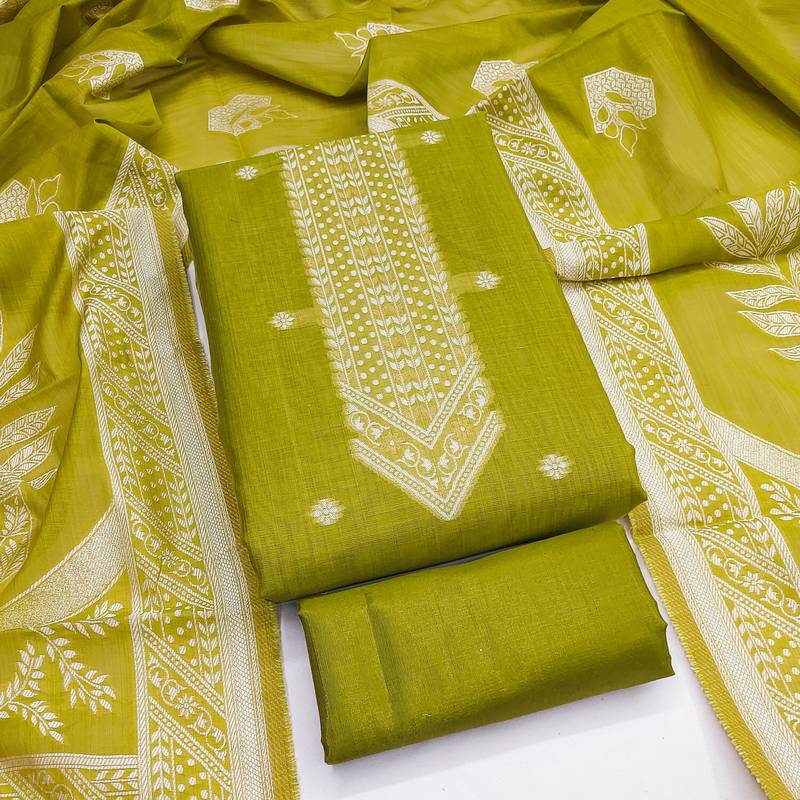 women's green unstitched jacquard dress material with stylish woven dupatta 