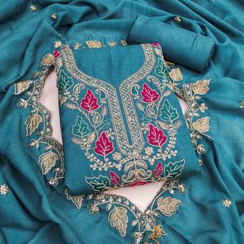 women's sea green unstitched vichitra dress material with embroidered dupatta 1
