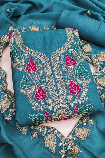 women's sea green unstitched vichitra dress material with embroidered dupatta