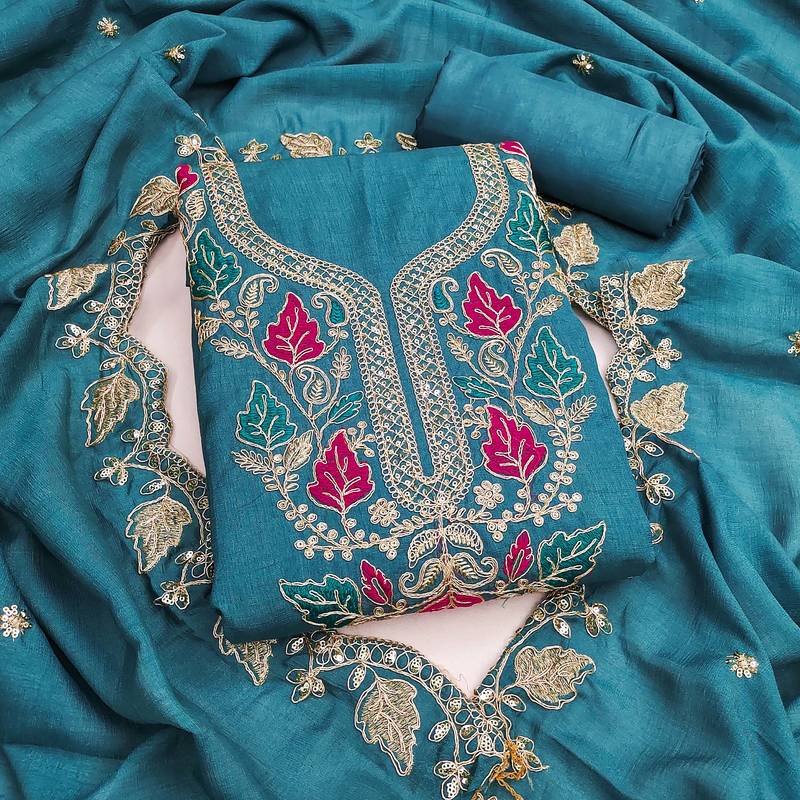 women's sea green unstitched vichitra dress material with embroidered dupatta