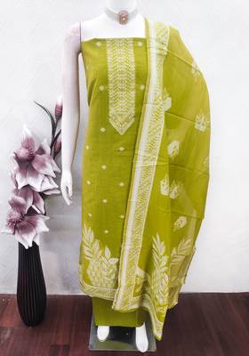 women's green unstitched jacquard dress material with stylish woven dupatta  4