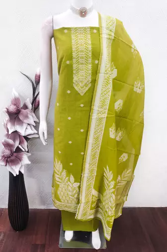 women's green unstitched jacquard dress material with stylish woven dupatta 