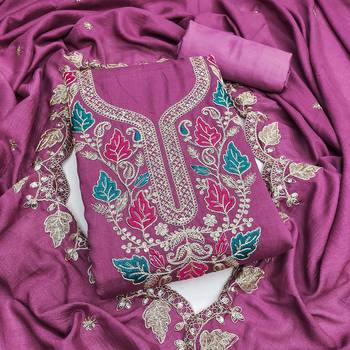 women's purple unstitched vichitra dress material with embroidered dupatta 1