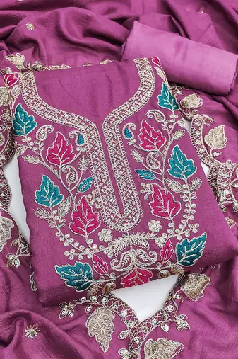 women's purple unstitched vichitra dress material with embroidered dupatta