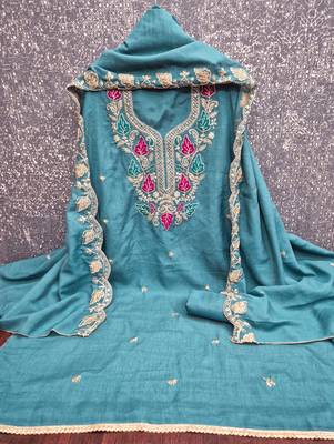 women's sea green unstitched vichitra dress material with embroidered dupatta 2