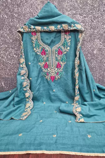 women's sea green unstitched vichitra dress material with embroidered dupatta