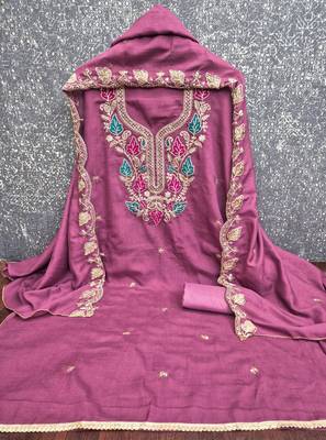 women's purple unstitched vichitra dress material with embroidered dupatta 2