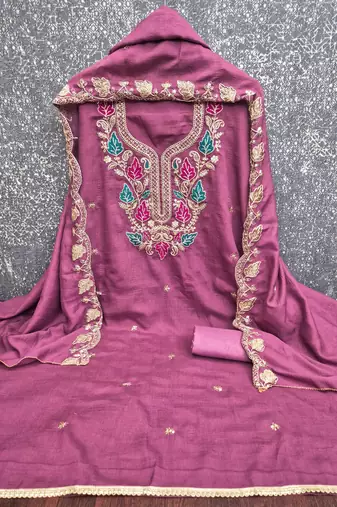 women's purple unstitched vichitra dress material with embroidered dupatta