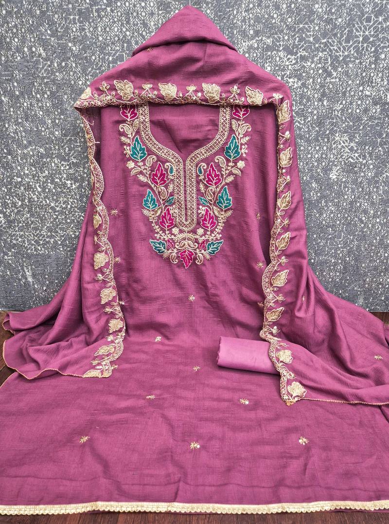 women's purple unstitched vichitra dress material with embroidered dupatta