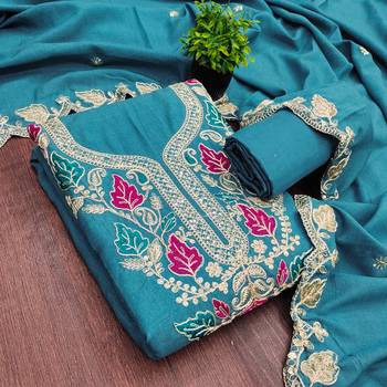 women's sea green unstitched vichitra dress material with embroidered dupatta 3