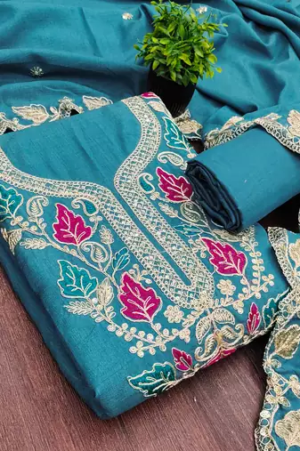 women's sea green unstitched vichitra dress material with embroidered dupatta