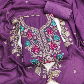 women's lavender unstitched vichitra dress material with embroidered dupatta 1