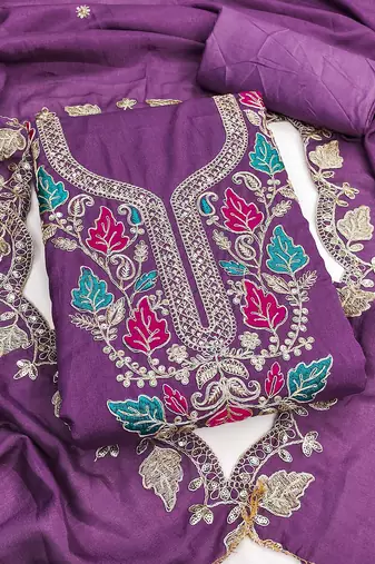 women's lavender unstitched vichitra dress material with embroidered dupatta